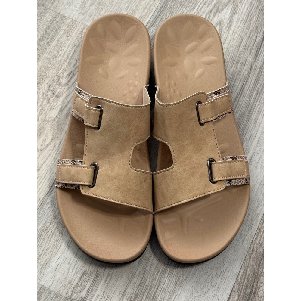 MEGNYA Womens Orthotic Slide Sandals Tan Snakeskin Trim 11‎ Adjustable Straps